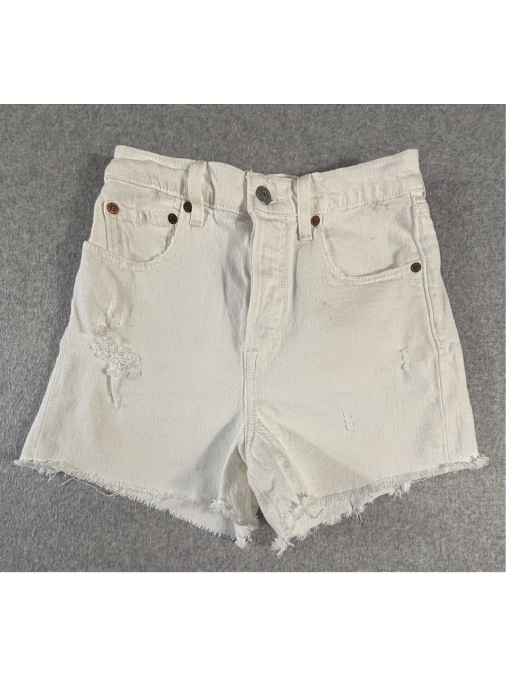 Levis Premium Ribcage‎ Shorts Womens W25 White Distressed High Rise Denim